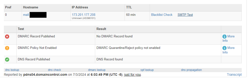 Imagen que evidencia el registro DMARC faltante en servicio de correod e GoDaddy