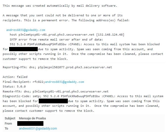 Mensaje de error al enviar correo desde el webmail de Godaddy debido a que su IP está sucia por enviar SPAM